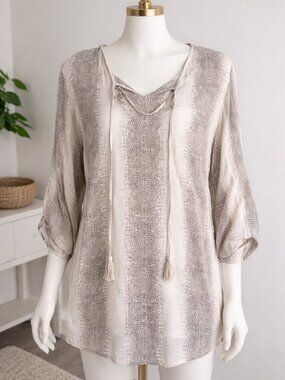 Sara Studio Blouse w/tasseled Tie 3/4 Sleeves Size XL Brown/Tan Print - EUC